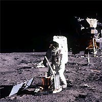 The lunar reflector is seen behind Apollo astronaut Buzz Aldrin. <BR><BR>Image courtesy: NASA