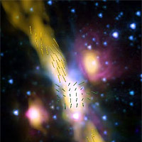 <p>
	Radio-Infrared Image of IRAS 18162-2048</p>
<p>
	Radio jets emitted by young star shown in yellow<br />
	on background of infrared image from Spitzer<br />
	Space Telescope. Yellow bars show orientation of<br />
	magnetic field in jet as measured by VLA. Green bars<br />
	show magnetic-field orientation in the dusty envelope<br />
	surrounding the young star. Two other young stars are<br />
	seen at sides of the jet.</p>
<p>
	CREDIT: Carrasco-Gonzalez et al., Curran et al.,<br />
	Bill Saxton, NRAO/AUI/NSF, NASA</p>
