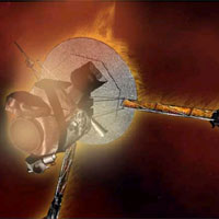 Artist's concept of Galileo approaching Jupiter. 
<P>
Courtesy: NASA