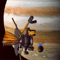 As it arrived at Jupiter on December 7, 1995, NASA's Galileo orbiter received a stream of data transmissions -- represented by the blue dots in this artist's depiction -- from the atmospheric probe that was descending through Jupiter's clouds. Image credit: NASA/JPL. 
