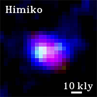 This image of the Himiko object is a composite and in false color. The thick horizontal bar at the lower right corner presents a size of 10 thousand light year. <br /><br />This image is created by M. Ouchi et al., which is the reproduction of Figure 2 in the article of The Astrophysical Journal May 2009 - 10 v696 issue.