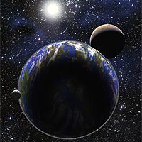 CfA astronomers are developing a new device that may be the first to spot Earth-like planets, like the hypothetical world with two moons shown in this artist's concept. The 'astro-comb' uses a laser to provide an ultrasensitive way of measuring a distant star's wobbling motion, which is induced by an orbiting planet. Credit: David A. Aguilar (CfA)