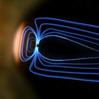Earth's magnetic field responds to the solar wind much like an airport wind sock: It stretches out with its tail pointing downwind. Credit: NASA/Goddard Space Flight Center- Conceptual Image Lab