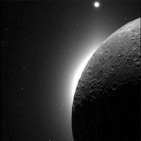 <p>This is a picture of coronal and zodiacal light (CZL) taken with the Clementine spacecraft, when the sun was behind the moon. The white area on the edge of the moon is the CZL, and the bright dot at the top is the planet Venus. </p>
<p>Credit: NASA </p>