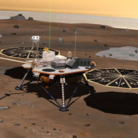 NASA's Phoenix Mars Lander monitors the atmosphere overhead and reaches out to the soil below in this artist's depiction of the spacecraft fully deployed on the surface of Mars.<br /><br />Phoenix has been assembled and tested for launch in August 2007 from Cape Canaveral Air Force Station, Fla., and for landing in May or June 2008 on an arctic plain of far-northern Mars. The mission responds to evidence returned from NASA's Mars Odyssey orbiter in 2002 indicating that most high-latitude areas on Mars have frozen water mixed with soil within arm's reach of the surface.<br /><br />Phoenix will use a robotic arm to dig down to the expected icy layer. It will analyze scooped-up samples of the soil and ice for factors that will help scientists evaluate whether the subsurface environment at the site ever was, or may still be, a favorable habitat for microbial life. The instruments on Phoenix will also gather information to advance understanding about the history of the water in the icy layer. A weather station on the lander will conduct the first study of Martian arctic weather from ground level. The vertical green line in this illustration shows how the weather station on Phoenix will use a laser beam from a lidar instrument to monitor dust and clouds in the atmosphere. The dark 'wings' to either side of the lander's main body are solar panels for providing electric power.<br /><br />The Phoenix mission is led by Principal Investigator Peter H. Smith of the University of Arizona, Tucson, with project management at NASA's Jet Propulsion Laboratory and development partnership with Lockheed Martin Space Systems, Denver. International contributions for Phoenix are provided by the Canadian Space Agency, the University of Neuchatel (Switzerland), the University of Copenhagen (Denmark), the Max Planck Institute (Germany) and the Finnish Meteorological institute. JPL is a division of the California Institute of Technology in Pasadena.<br /><br />Image Credit: NASA/JPL/UA/Lockheed Martin