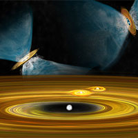 In this artist's conception, a widely-separated pair of young, still-forming stars is in the background, forming by fragmentation of the material in the larger cloud in which they are born. In the foreground, companions in a multiple-star system are forming through fragmentation of a dusty disk that surrounds the original young star.<BR><BR>
CREDIT: Bill Saxton, NRAO/AUI/NSF