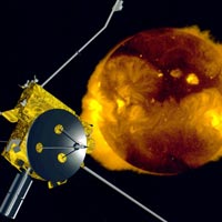 Artist concept of Ulysses spacecraft and the sun.<br /><br />Courtesy of NASA
