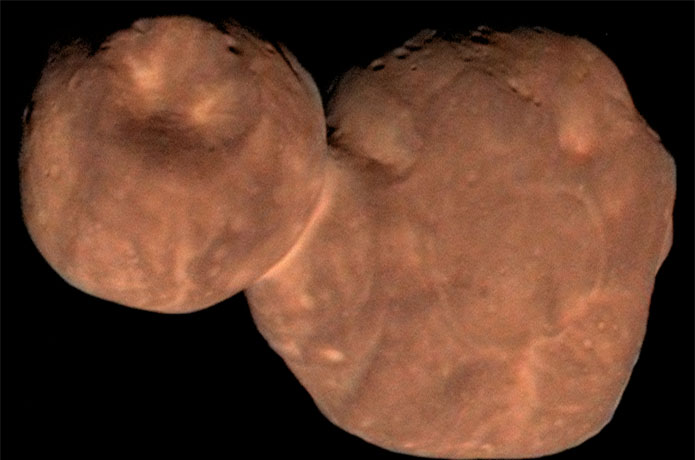 <p>The uniform color and composition of Arrokoth’s surface shows the Kuiper Belt object formed from a small, uniform, cloud of material in the solar nebula, rather than a mishmash of matter from more separated parts of the nebula. The former supports the idea that Arrokoth formed in a local collapse of a cloud in the solar nebula.</p>

<p>Credits: NASA/Johns Hopkins University Applied Physics Laboratory/Southwest Research Institute/Roman Tkachenko</p>
