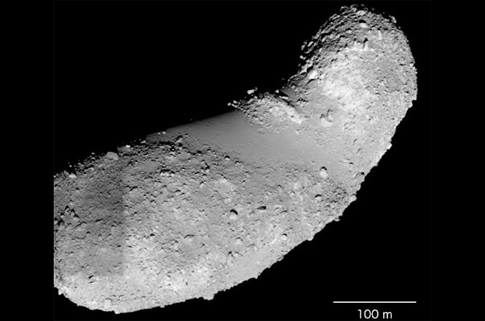 <p>The samples studied by Jin and Bose came from the feature called the Muses Sea, which is the smooth area in the middle of Itokawa.</p>

<p>Photo by Japan Aerospace Exploration Agency (JAXA)</p>
