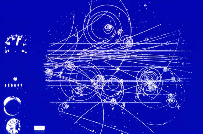 <p>This image from 1960 is of real particle tracks formed in CERNs first liquid hydrogen bubble chamber to be used in experiments.</p>

<p>Copyright: CERN</p>
