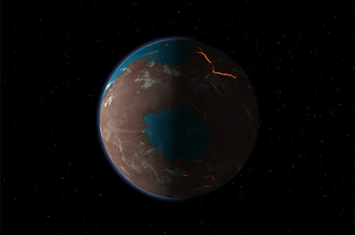 <p>Scientists developed this illustration of how early Mars may have looked, showing signs of liquid water, large-scale volcanic activity and heavy bombardment from planetary projectiles. SwRI is modeling how these impacts may have affected early Mars to help answer questions about the planet’s evolutionary history.</p>

<p>Courtesy of Southwest Research Institute/Marchi</p>
