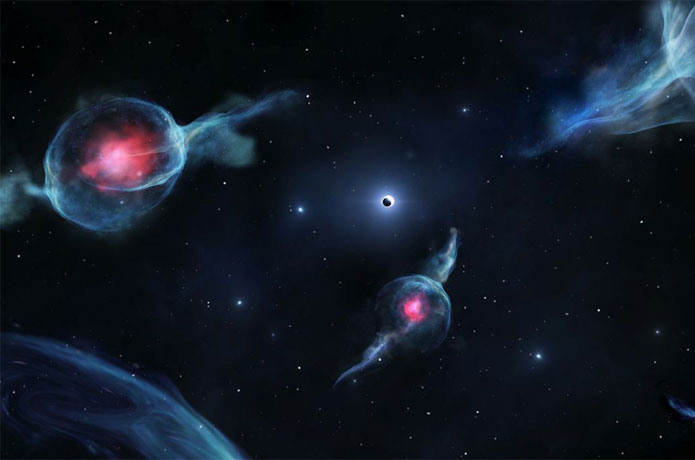 <p>Artist’s impression of G objects, with the reddish centers, orbiting the supermassive black hole at the center of our galaxy. The black hole is represented as a dark sphere inside a white ring (above the middle of the rendering).</p>

<p>Credit: Jack Ciurlo</p>
