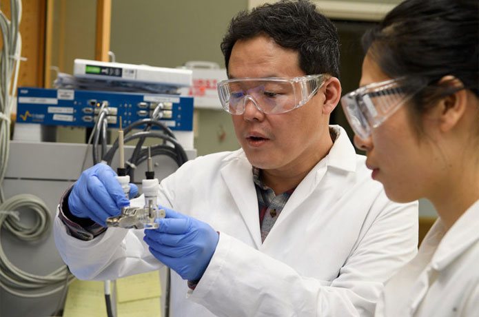 <p>Professor Min-Kyu Song and graduate student Panpan Dong test a prototype of a lithium metal battery.</p>

<p>Courtesy of WSU.</p>
