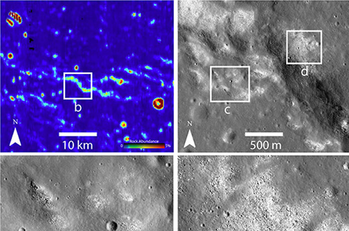 <p>Infrared (upper left) and other images from NASA's Lunar Reconnaissance Orbiter revealed strange bare spots where the Moon's ubiquitous dust is missing. The spots suggest an active tectonic process.</p>

