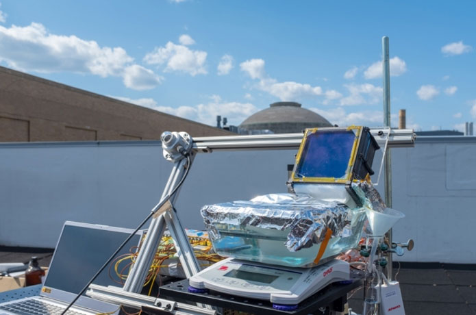 <p>Tests on an MIT building rooftop showed that a simple proof-of-concept desalination device could produce clean, drinkable water at a rate equivalent to more than 1.5 gallons per hour for each square meter of solar collecting area.</p>

<p>Images courtesy of the researchers.</p>
