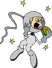 Cartoon of astronaut eating a hamburger in space