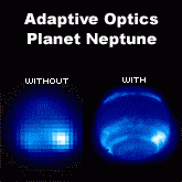 Image of the Keck observatory with a laser shining. Image of the planet Neptune without and with the adaptive optics correction.: NSF