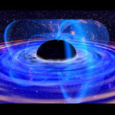 Artists conception of matter swirling around a black hole, both in the accretion disk and captured by the magnetic field.: Image Courtesy Imagine The Universe