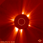 The SOHO spacecraft recorded this CME on July 14, 2000. High-energy particles accelerated by the blast peppered the spacecraft